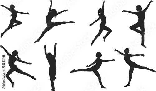 Silhouette ballet dancers jumping in dynamic poses, graceful female dance figures isolated on white background, artistic movement collection illustration
