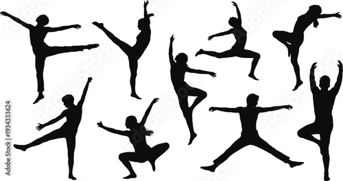 Dynamic ballet dancer silhouettes jumping in expressive poses, graceful male and female dance figures isolated on white background