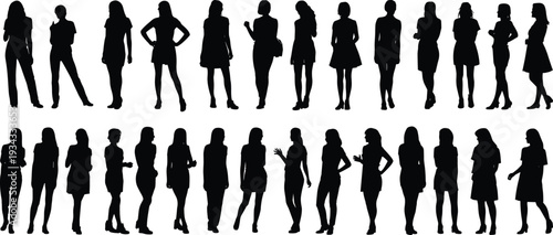 Silhouette collection of women standing, diverse poses, fashion attire, body language study, gesture variety, vector illustration, design resource