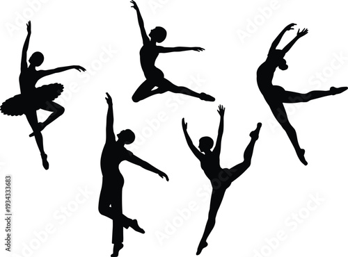 Elegant ballet dancer silhouettes performing dynamic jumps and poses, graceful classical dance figures isolated on white background illustration