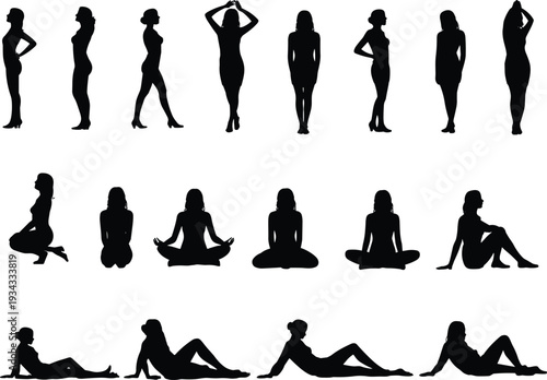 Silhouette collection of human postures, standing, seated, reclining poses, anatomy study, gesture variety, vector illustration, design resource
