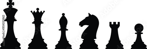 Silhouette collection of chess pieces, king, queen, bishop, knight, rook, pawn, strategy game symbols, vector illustration, design resource