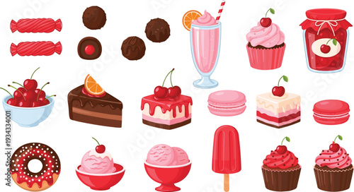 Cherry Dessert Collection with Cupcakes, Donuts, Milkshake, Popsicle, Macarons and Sweet Bakery Treats Vector Illustration Set