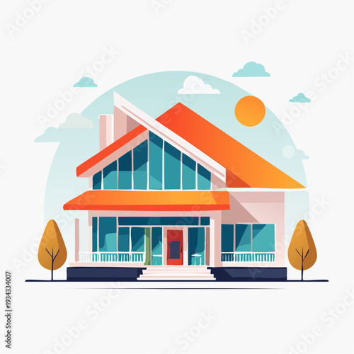 Bright and Modern House Illustration Featuring Contemporary Architecture, a Striking Orange Roof, and Clean Lines, Ideal for Real Estate and Residential Design Concepts