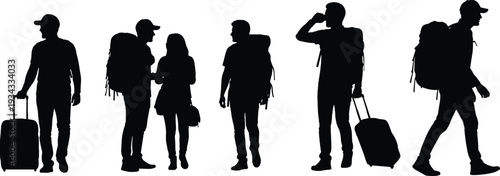 Traveler silhouettes with backpacks and luggage, group of tourists walking isolated on white background travel concept illustration