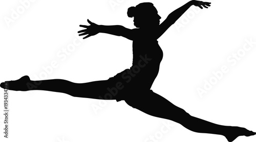 Silhouette of dancer performing split leap, gymnastics posture, athletic grace, artistic expression, performance motion, vector illustration, design resource