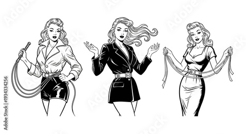 Set Of Three Beautiful Pin Up Women In Different Outfits And Poses Isolated On White Background For Fashion Vector Design Illustration
