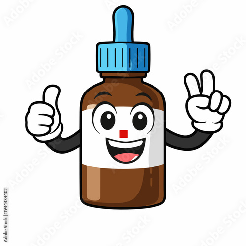 Cute dropper bottle cartoon mascot raising a finger and giving a thumbs up, brown glass tincture with blue pipette cap in flat vector style, isolated on white. Concept of wellness and care.