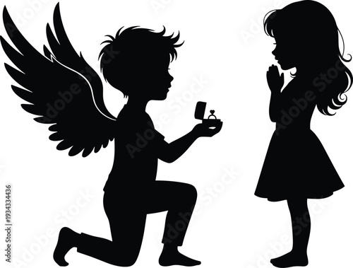 Angel winged boy proposing romantic heart shaped ring