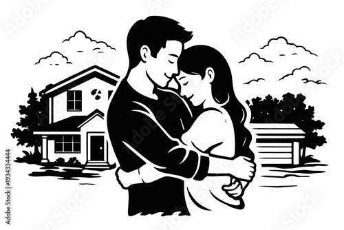 Black and white vector silhouette of a couple embracing in front of a house and trees. Concept of dream home, moving, real estate purchase, mortgage, security, and romantic relationship.