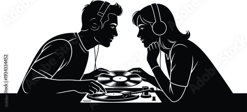 Couple enjoying music together with vinyl records and headphones