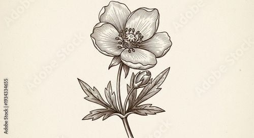 Vintage botanical illustration of a single wild strawberry flower.