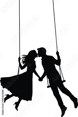 Romantic couple sharing kiss on swinging swings