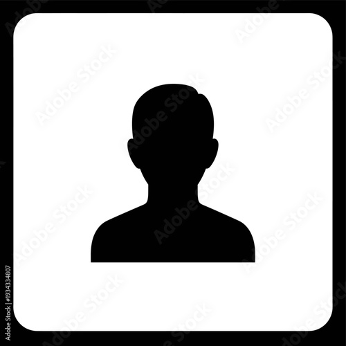 A black silhouette of a person's head and shoulders against a white square background.