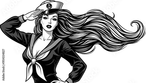 Beautiful Pin Up Sailor Girl Saluting In Navy Uniform With Long Flowing Hair Isolated On White Background For Vector Design Illustration