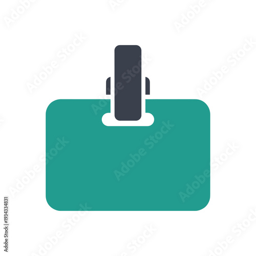 A flat design icon of a teal identification badge holder with a dark grey clip.