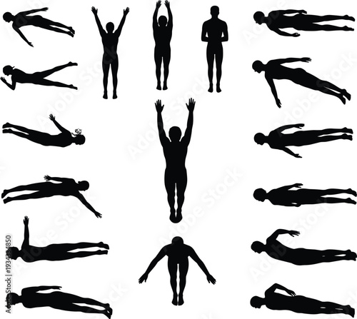 Silhouette collection of human figures, diverse postures, reclining, upright gestures, motion study, anatomy reference, vector illustration, design resource