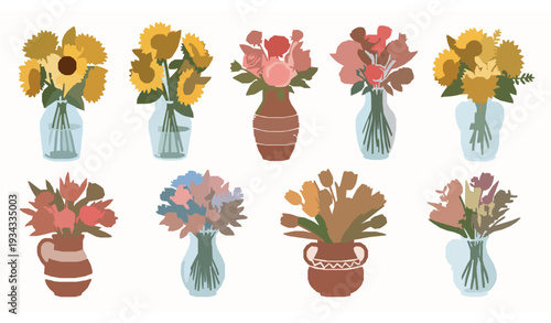 Large Floral Bouquet Set with Sunflowers Roses and Tulips in Glass and Ceramic Vases Vector Illustration