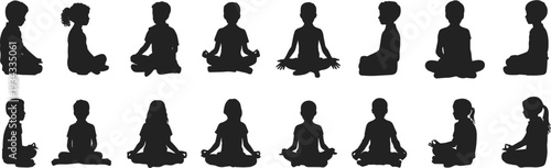 Silhouette of children meditating, mindfulness practice, cross-legged posture, calm gesture, mental well-being, focus, yoga, vector illustration, design resource
