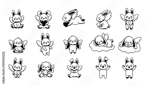Cute Angel Bunny Cartoon Characters Collection Whimsical Rabbit Mascot Vector Set