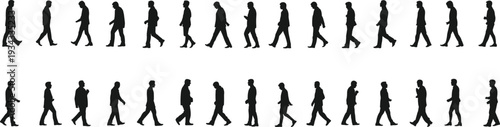 Silhouette sequence of walking cycle, human locomotion, stride progression, biomechanics study, animation reference, posture gesture, vector illustration, design resource
