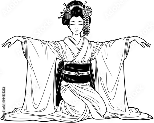 Beautiful Japanese geisha woman in traditional kimono dancing with grace in anime line art style for coloring book page vector illustration