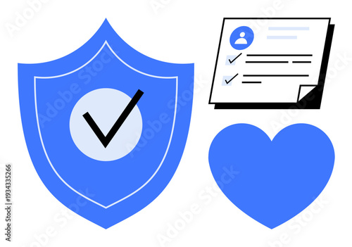 Shield with checkmark, ID card with checkmarks, and heart symbolizing protection, validation, privacy, trust, care, compliance and well-being. Ideal for security healthcare and ethics themes