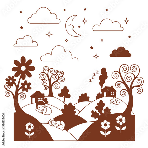 Sweet Dreams Illustration with Sleeping Child Dog Moon Stars Clouds and Countryside Landscape for Children and Families
