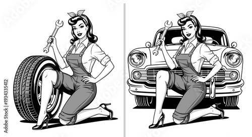 Retro pinup girl mechanic holding wrench kneeling by vintage car and tire in classic black and white vector line art style illustration