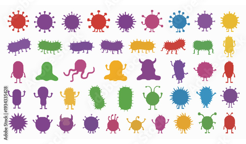 Cute Cartoon Germs Bacteria and Virus Characters Colorful Funny Microbe Vector Set