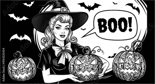 Retro pinup witch holding carved pumpkin jack o lantern with boo speech bubble bats and moon vintage Halloween vector illustration.