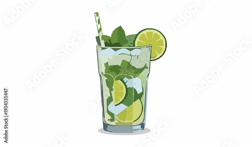 Refreshing Mojito Cocktail with Mint Leaves and Lime Slices Summer Drink Vector Illustration
