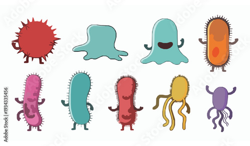 Colorful Cute Germ Bacteria and Virus Cartoon Microbe Characters Vector Set