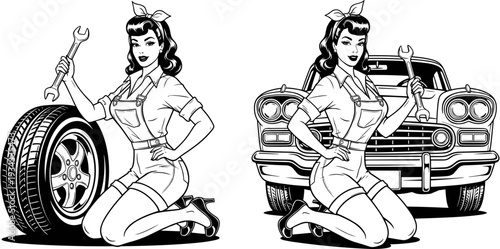 Retro pinup girl mechanic holding wrench kneeling by car and tire vintage garage service automotive repair illustration classic vector line art.