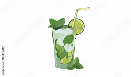 Fresh Mojito Drink with Mint and Lime Refreshing Summer Cocktail Vector Illustration