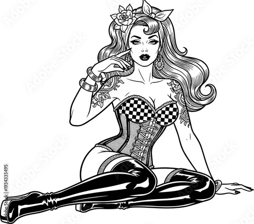 Beautiful pin up girl wearing checkered corset and thigh high leather boots sitting on floor, vintage retro comic style vector illustration.