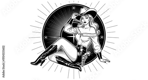 Vintage sexy cowgirl sitting pose with cowboy hat boots and gun in retro sunburst circle frame for western theme design