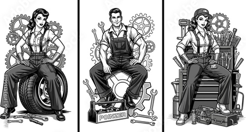 Professional auto mechanics set featuring vintage style man and woman repair experts with industrial gears tools tire and metal toolbox equipment