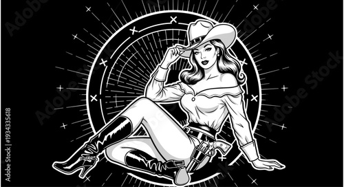 Beautiful cowgirl woman wearing cowboy hat and boots sitting with revolvers in vintage comic style black and white wild west vector