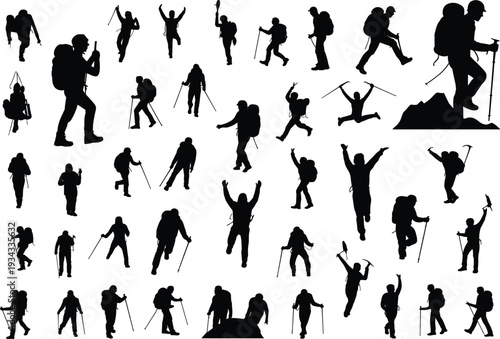 Silhouette collection of hikers, climbers, backpacks, trekking poles, ice axes, mountain adventure, outdoor exploration, victory pose, vector illustration, design resource