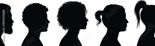 Silhouette collection of diverse human head profiles, hairstyles, beard, ponytail, individuality, identity, demographic diversity, vector illustration, design resource