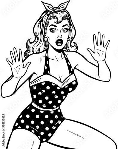 Surprised pinup girl wearing polka dot swimsuit with open mouth and raised hands in vintage comic style black and white vector