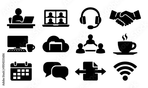 Remote Work and Digital Collaboration Silhouettes Set – Home Office and Virtual Teamwork Icons
