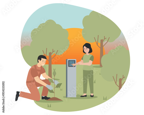 Collaborative ecological project with team planting trees and using smart tech