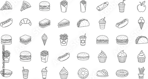 Fast Food Outline Icons Set with Burgers, Fries, Pizza, Hot Dog, Tacos, Cupcakes and Soft Drinks Vector Illustration Collection