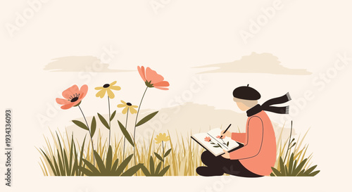 Artist Painting Flowers in Field - Creative Hobby Illustration