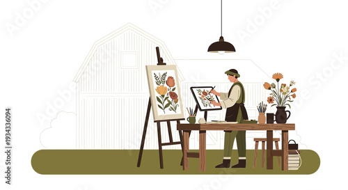 Artist Painting Flowers in Studio Barn Setting