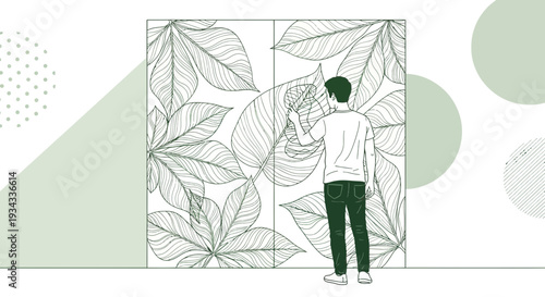 Artist painting large leaf pattern on wall, creative inspiration, botanical art