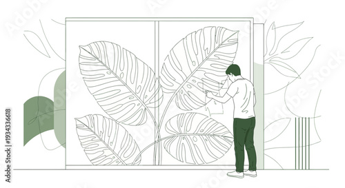 Artist painting large monstera leaves on wall, minimalist line art, interior design concept