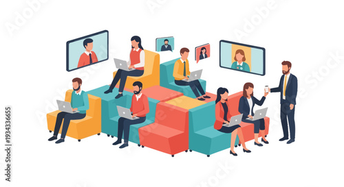 Modern Hybrid Team Collaboration and Remote Work with Video Conferencing & Laptops in a Dynamic Office Setting